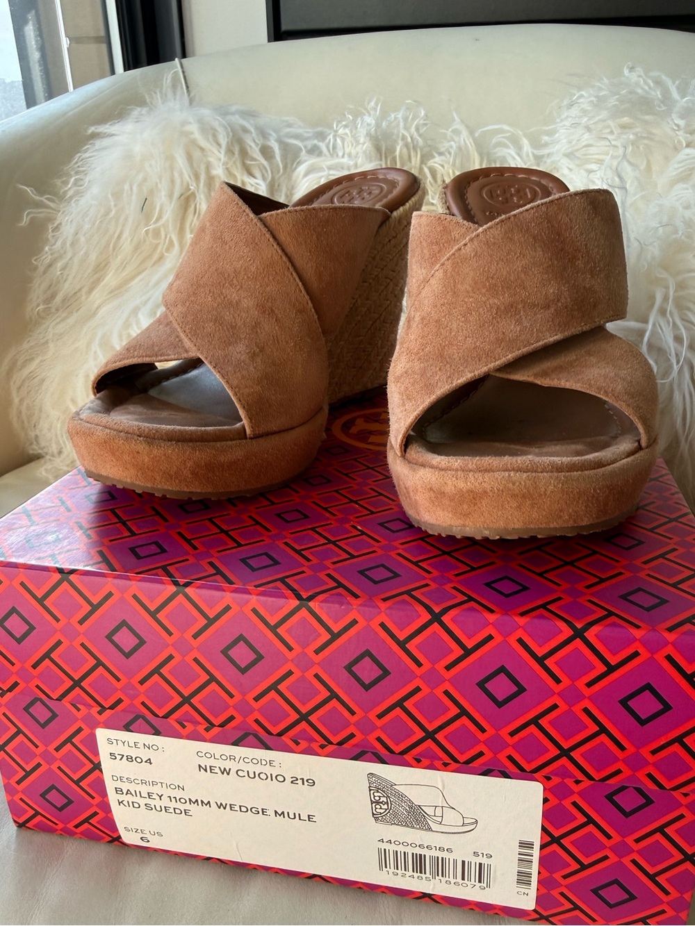 Tory Burch Bailey 110mm Wedge Mule | New Cuoio Suede | Size 6